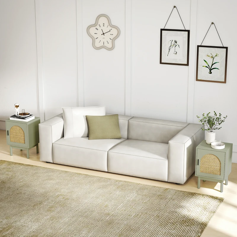 HOMCOM Set of 2 Rattan Bedside Tables, Boho Nightstands with Solid Wood Legs and Storage Cabinet for Living Room, Bedroom, Accent End Side Table, Light Green