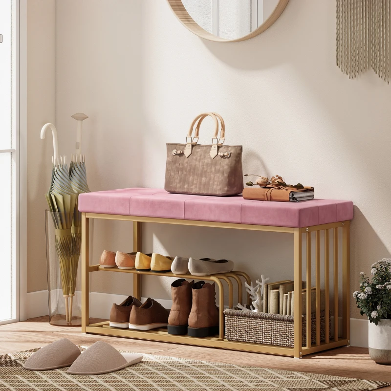 HOMCOM Bench and Shoe Storage, Tufted Shoe Storage Bench with Velvet Seat Cushion Gold Steel Frame for Entryway, Pink
