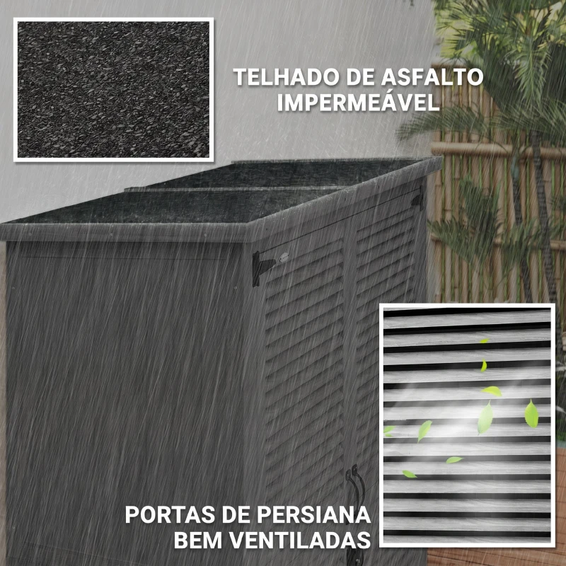 Outsunny Armário de Jardim 0,83 m² 127x65x168 cm com 2 Portas de Persiana 2 Estantes e Telhado Impermeável Cinza