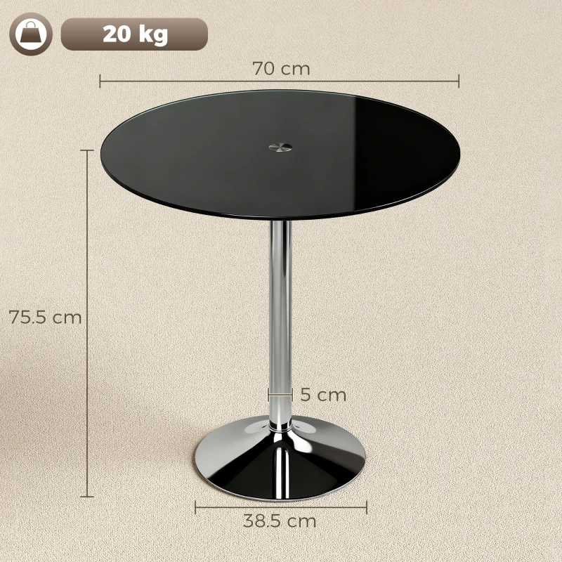 HOMCOM Round Bar Table, Modern Dining Table with Tempered Glass Top and Steel Frame for 4, 70 x 70 x 75.5cm, Black