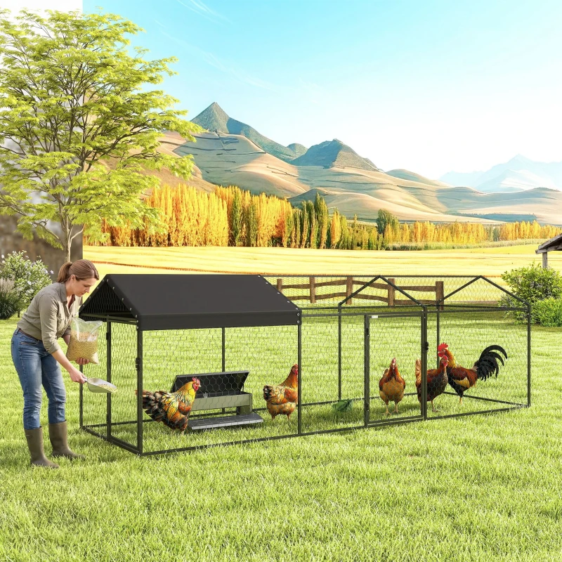PawHut Pollaio per Galline da Esterno, 3x1x1m, in Acciaio Zincato con Tetto Impermeabile Anti-UV e Serratura