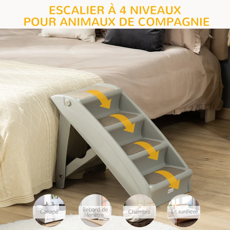 PawHut Escalier pour chien pliant à 4 marches antidérapantes escalier pour animaux en plastique 62 x 38 x 49,5 cm gris