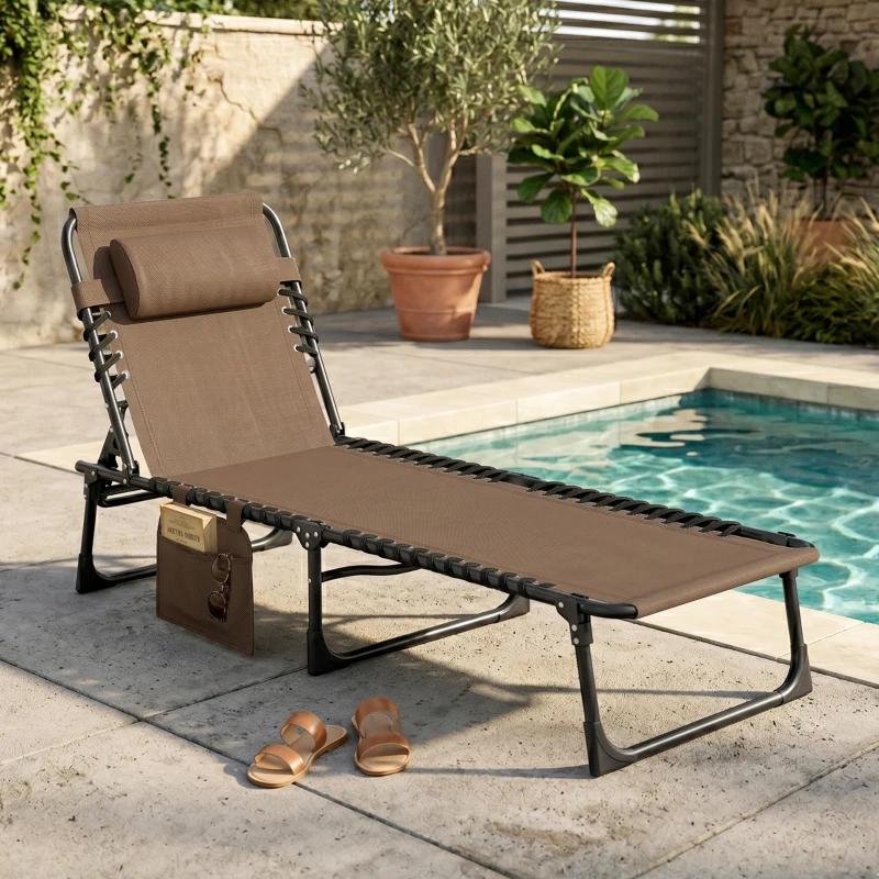 Outsunny Espreguiçadeira Dobrável de Jardim com Encosto Ajustável Apoio para Cabeça Acolchoado Bolso Lateral 185x58x30 cm Marrom