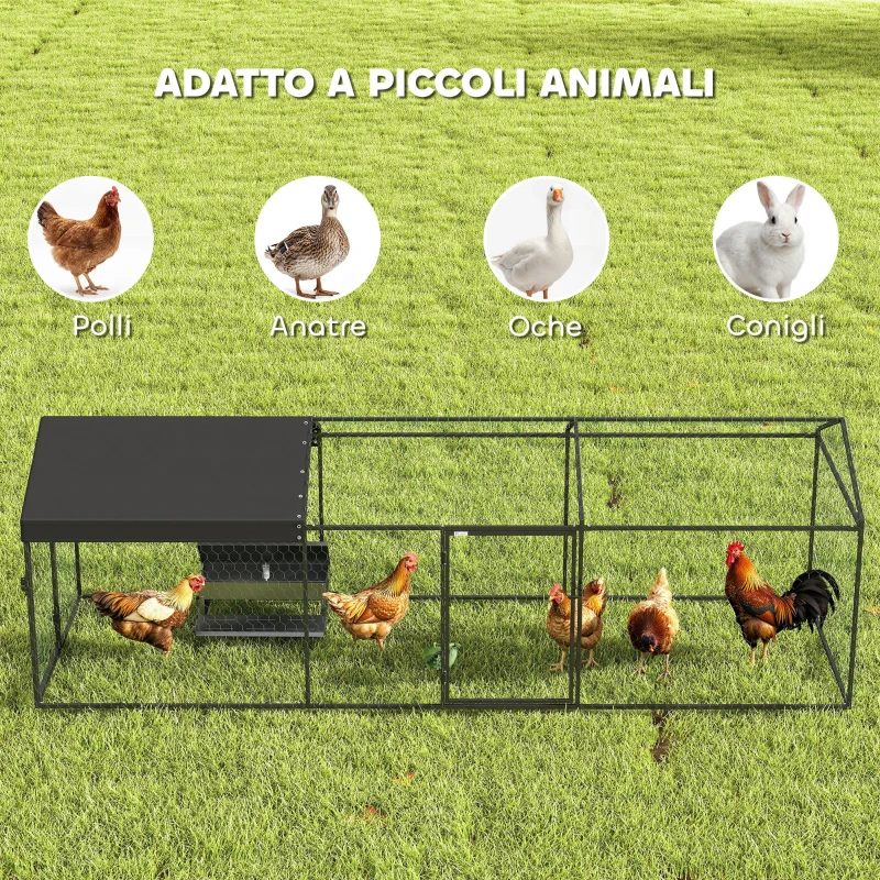 PawHut Pollaio per Galline da Esterno, 3x1x1m, in Acciaio Zincato con Tetto Impermeabile Anti-UV e Serratura