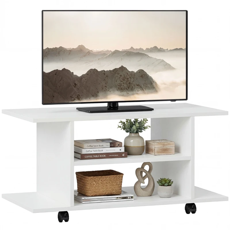 HOMCOM Mobile Porta TV Moderno con Ripiani, Ruote Girevoli e Freni, 80x40x40 cm, Bianco