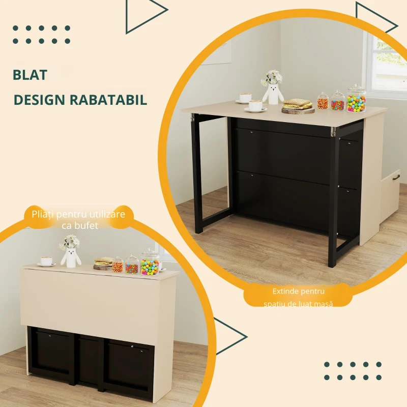 HOMCOM Set de bar 3 piese, Masă de bar cu placă pliabilă, 2 scaune de bar, 6 compartimente de stocare, negru+stejar, 116 x 70 x 89,5 cm