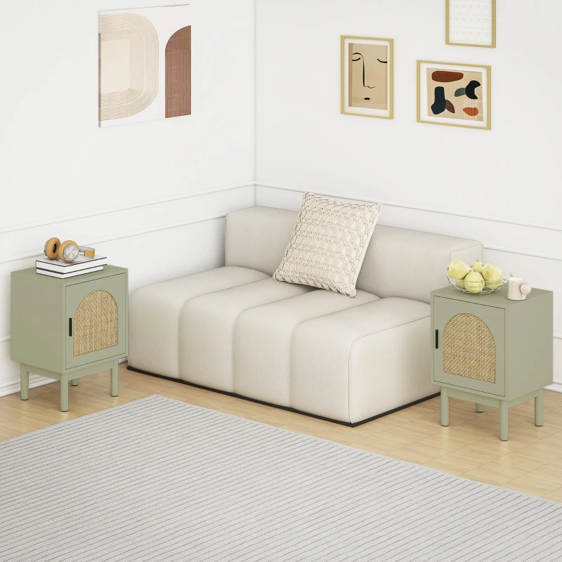 HOMCOM Set of 2 Rattan Bedside Tables, Boho Nightstands with Solid Wood Legs and Storage Cabinet for Living Room, Bedroom, Accent End Side Table, Light Green