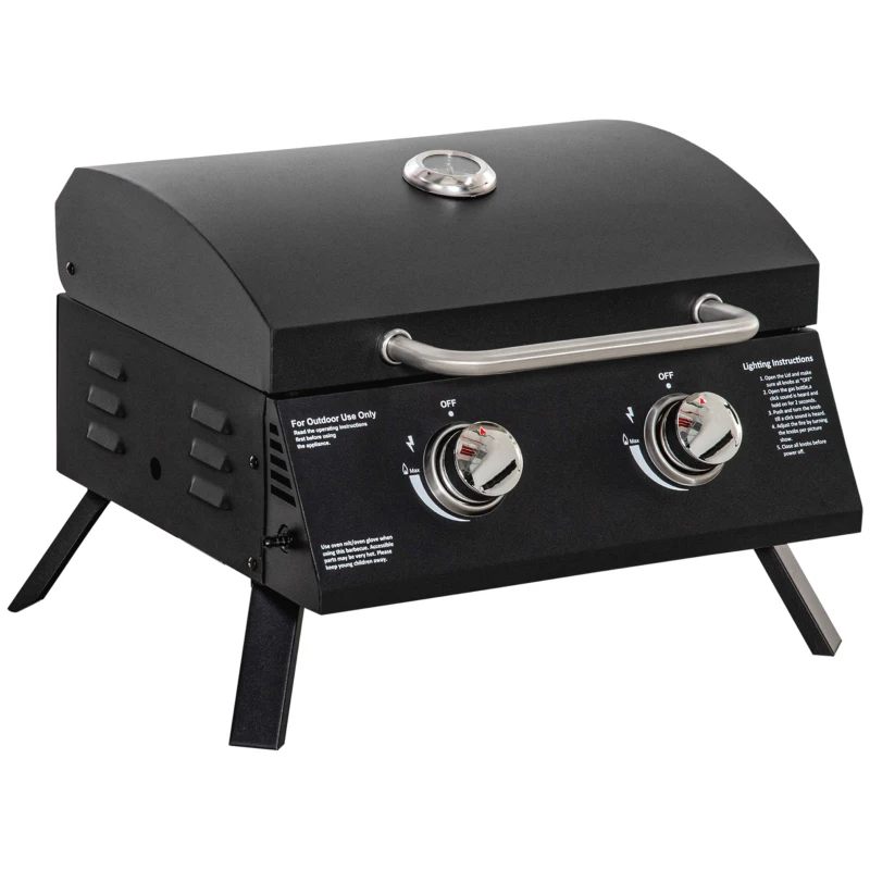 Outsunny Barbecue gaz de Table transportable Pieds Pliables - 2 brûleurs 5 KW - Barbecue gaz de Camping - Grille de Cuisson, réceptacle Graisse, thermomètre - Acier de Qualité Alimentaire Noir