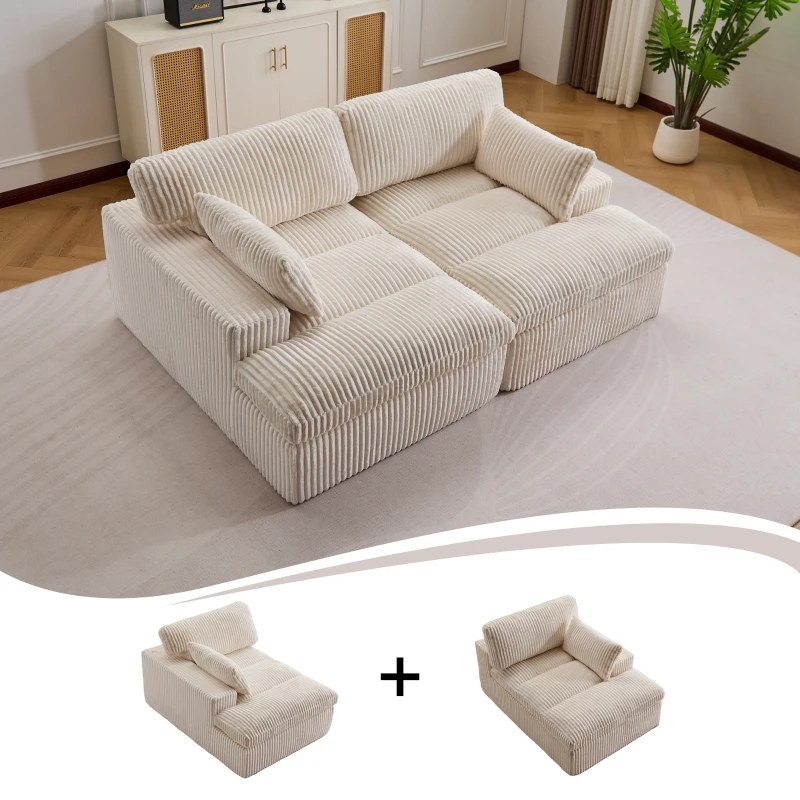 Doppelter Chaiselongue-Sessel für den Innenbereich, übergroße gepolsterte Cloud-Schlafcouch, luxuriöses Schlafsofa mit tiefem Sitz, Sofa-Chaiselongue mit Anbausofa, Lesesessel aus Cord für das Wohnzimmer, kein Zusammenbau erforderlich, weiß