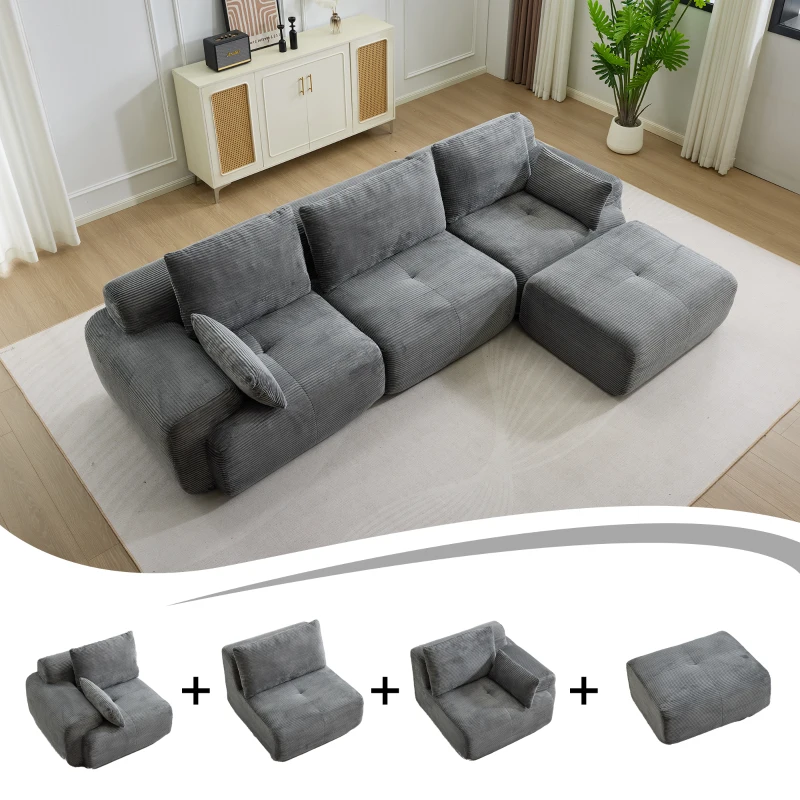 Modernes Sofa aus komprimiertem Memory-Schaumstoff, große Sofagarnitur für das Wohnzimmer, haustierfreundliches modulares Sofagarnitur Cloud, Cordstoff, kein Zusammenbau erforderlich, GRAU