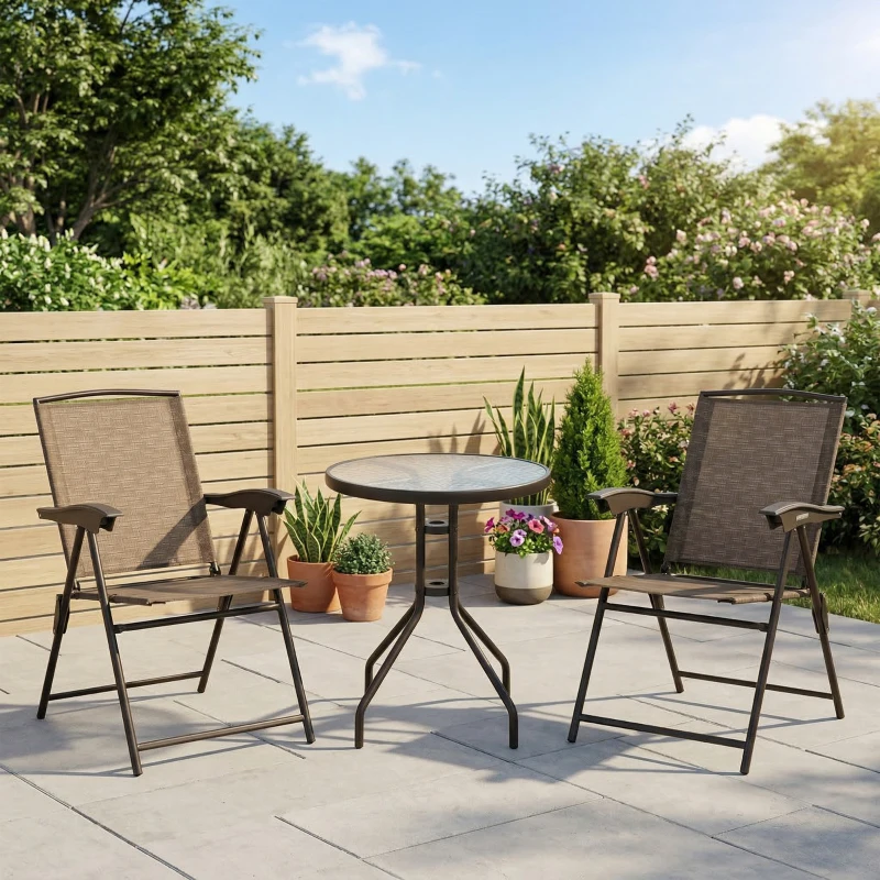 Outsunny Ensemble de Jardin 3 pièces 2 chaises inclinables Multi-Positions Pliables + Table Ronde Verre trempé métal textilène Chocolat