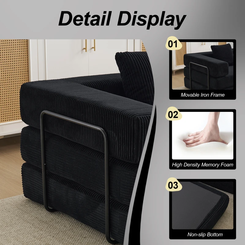 Bodencouch, Kompressionssofa, umwandelbares Bodenschlafsofa mit Kissen-Rückenlehne, bequemes Futon-Couch-Lounge-Schlafsofa, Cordstoff, für Wohnzimmer, Schlafzimmer (Schwarz)