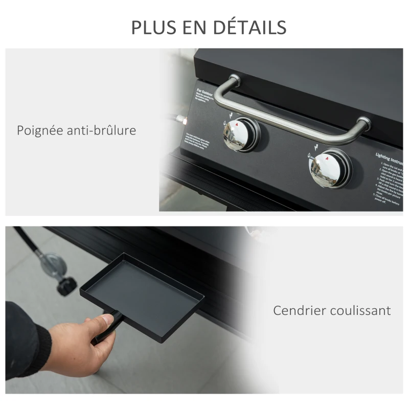 Outsunny Barbecue gaz de Table transportable Pieds Pliables - 2 brûleurs 5 KW - Barbecue gaz de Camping - Grille de Cuisson, réceptacle Graisse, thermomètre - Acier de Qualité Alimentaire Noir