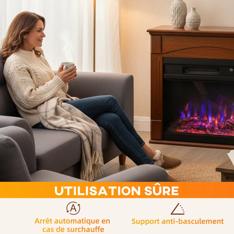HOMCOM Cheminée électrique 1000W/2000W, fausse cheminée effet flamme 3D à 6 couleurs et 3 luminosités, 68,5x27,5x63cm, marron