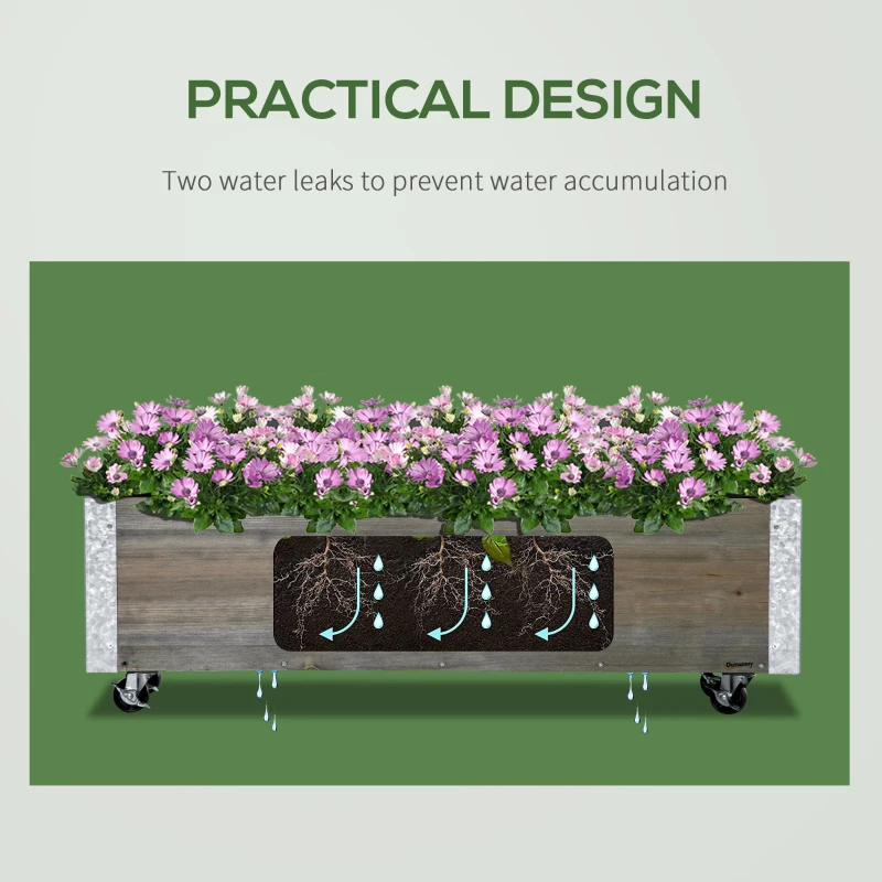 Outsunny Planter on Casters - Rectangular Planter - Irrigation Inserts, Drainage Felt Included - metal, solid wood, gray