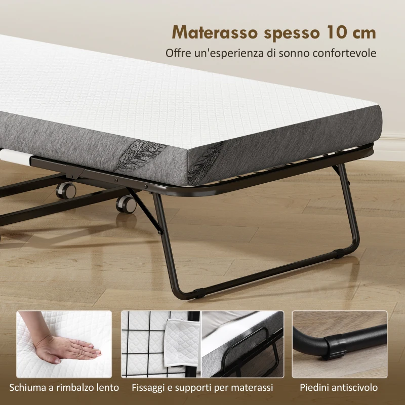 HOMCOM Letto Pieghevole Singolo 90x200 cm con Materasso Spesso 10 cm, Rete in Metallo e Ruote con Freno, Nero