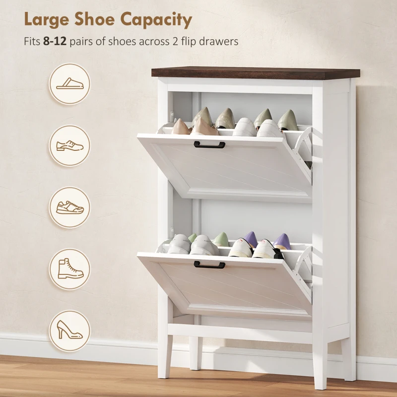 HOMCOM Shoe Cabinet with 2 Flip Drawers, Farmhouse Narrow Shoe Storage Cabinet with Adjustable Shelves, White