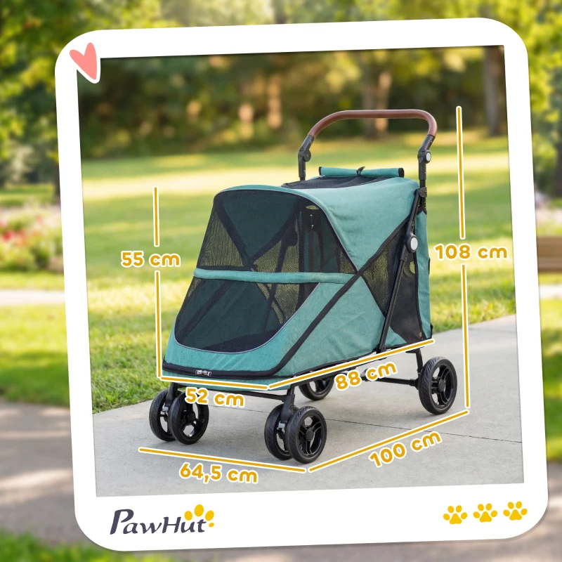 PawHut Carrito para Perros Plegable con un Botón hasta 30 kg con Suspensión en 4 Ruedas Giratorio y Freno de Pie Turquesa