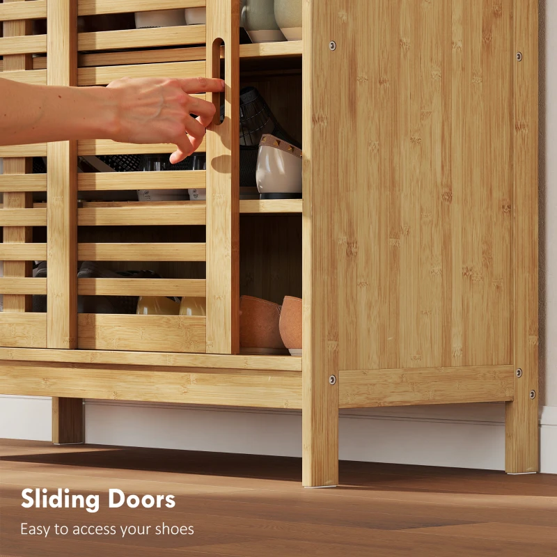 HOMCOM Bamboo Shoe Cabinet with 2 Sliding Slat Doors, 16Pairs, Adjustable Shelves, Natural