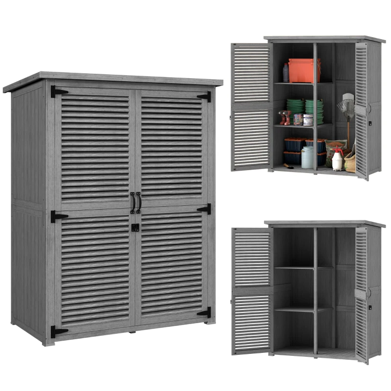 Outsunny Armário de Jardim 0,83 m² 127x65x168 cm com 2 Portas de Persiana 2 Estantes e Telhado Impermeável Cinza