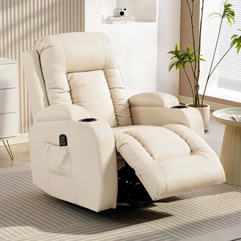 HOMCOM Poltrona Reclinabile Massaggiante e Riscaldata, 8 Punti Massaggio e 3 Modalità con Telecomando, Pelle PU, Crema