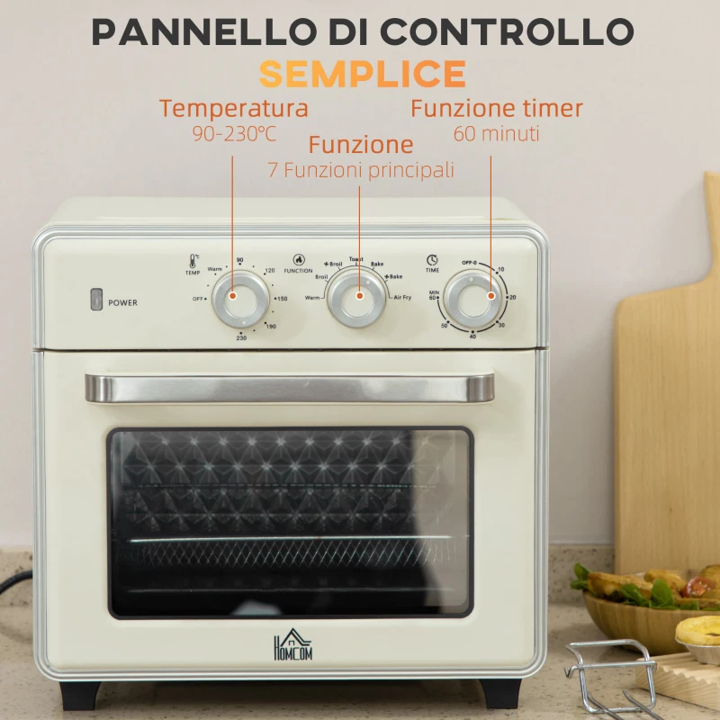 HOMCOM Mini Forno Elettrico 20L Ventilato 1400W con Aria Calda e Accessori, Crema