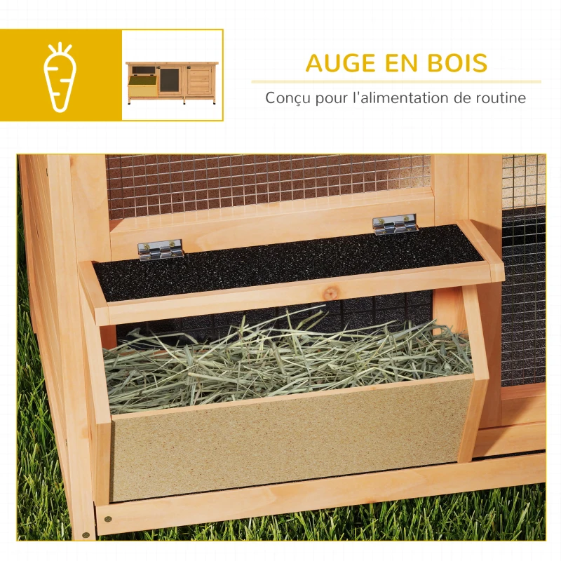 PawHut Clapier sur pied cage à lapin avec toit bitumé ouvrant 2 portes verrouillables 2 tiroirs à déjection coulissants mangeoire bois de sapin traité dim. 112L x 50l x 54H cm bois naturel et noir