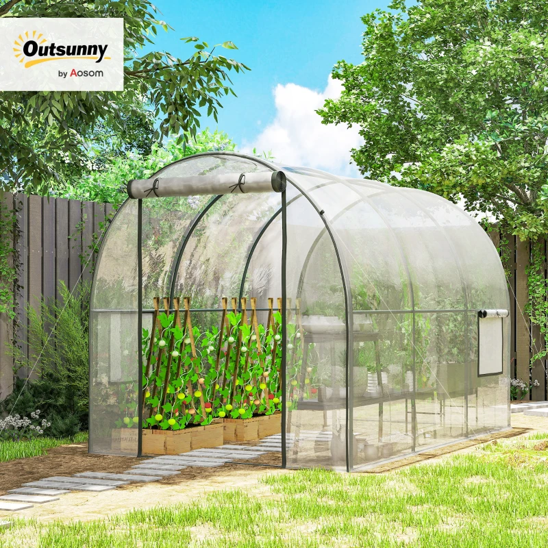 Outsunny Polytunnel Greenhouse Walk-in Grow House with Plasric Cover, Door, Mesh Window and Steel Frame, 3 x 2 x 2m, Clear
