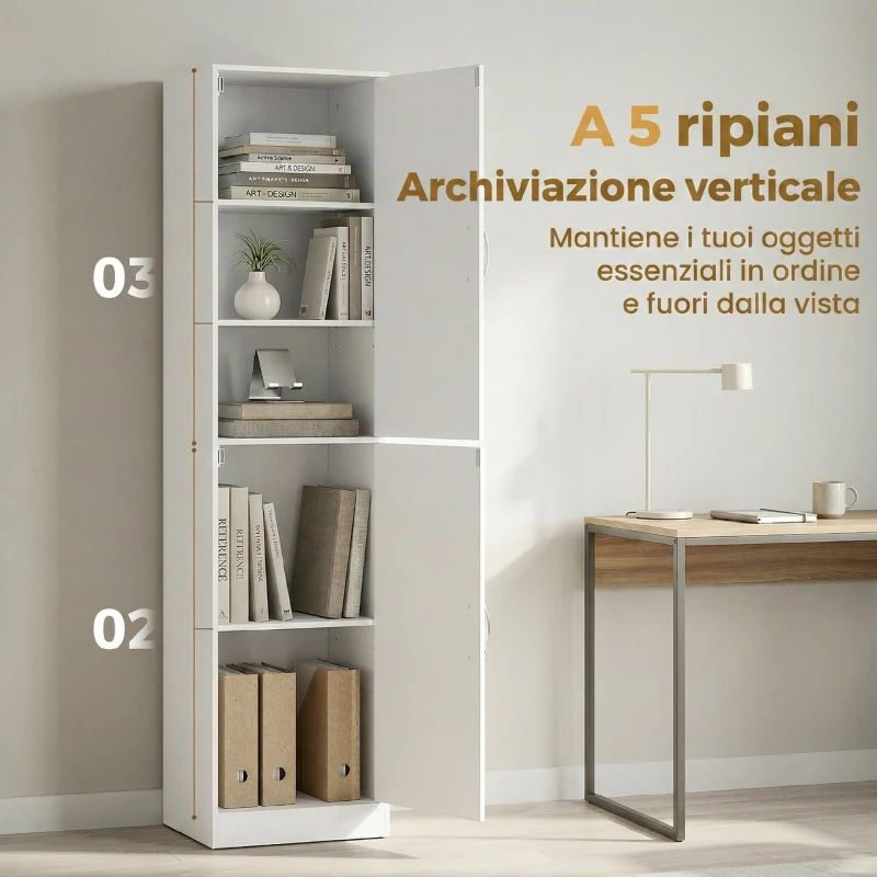 HOMCOM Libreria Alta 180 cm, moderna scaffalatura 5 ripiani regolabili per camera o studio.
