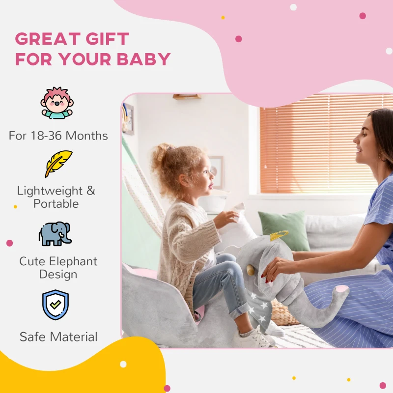 HOMCOM Kids Elephant-Designed Rocking Horse, with Safety Belt, Wooden Base, for Ages 18-36 Months - Grey