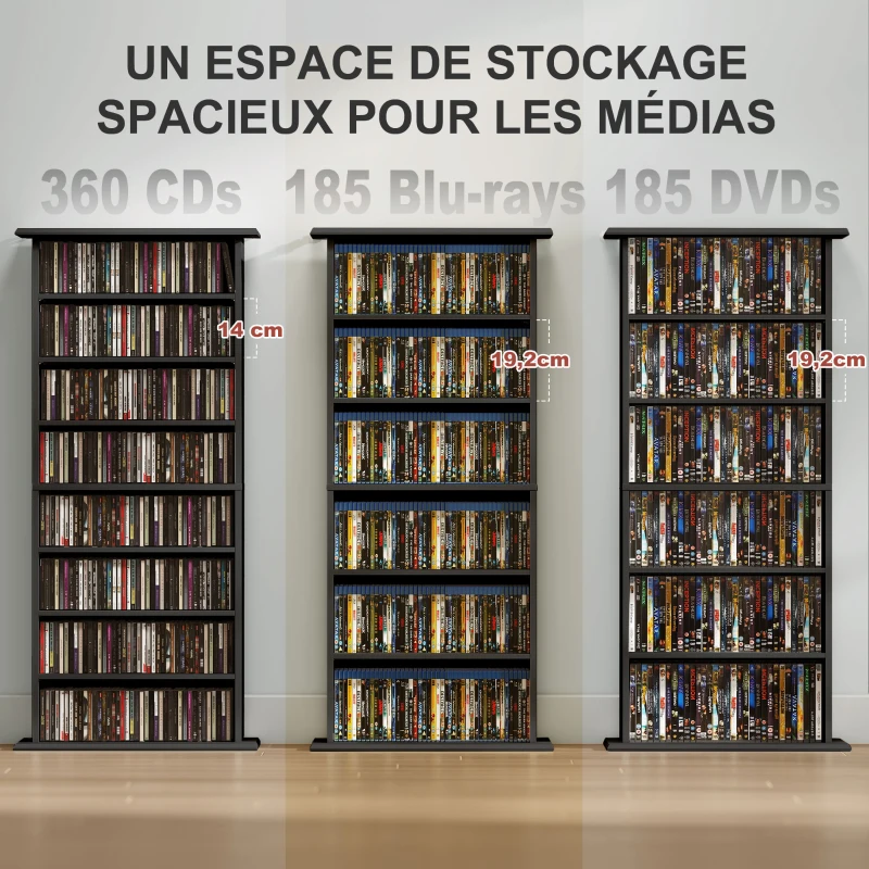 HOMCOM Rangements pour CD et DVD avec 8 compartiments et 6 étagères réglables, capacité max. 360 CD/185 DVD et Blu-ray, noir