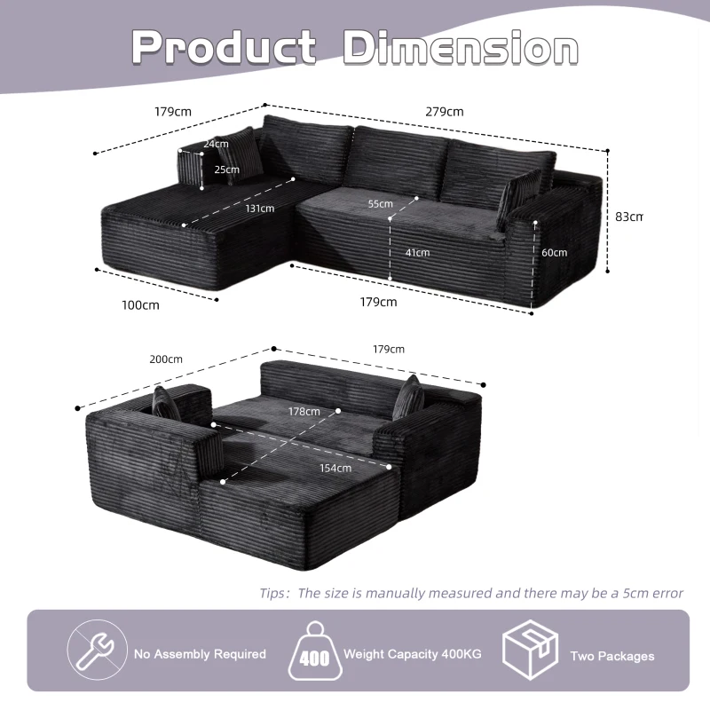 Kompressions-Sofagarnitur mit bequemer Chaiselongue, knochenloses L-förmiges Sofa mit tiefem Sitz, minimalistische modulare Sofas zum Schlafen für Wohnzimmer, Schlafzimmer, Apartment, Lounge, Cord, Schwarz