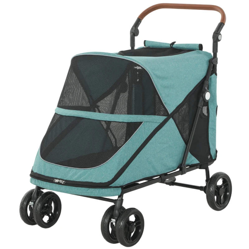 PawHut Carrito para Perros Plegable con un Botón hasta 30 kg con Suspensión en 4 Ruedas Giratorio y Freno de Pie Turquesa