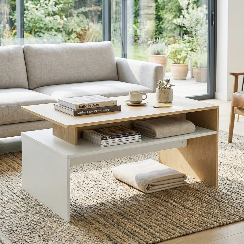 HOMCOM Mesa baja para Salón con Compartimento para Salón Sala de Estar 95x55x50 cm Natural y Blanco