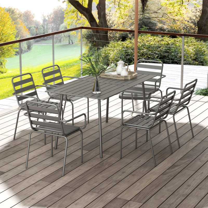 Outsunny Salon de jardin ensemble salle à manger de jardin 7 pièces avec 1 table et 6 chaises empilables en acier gris