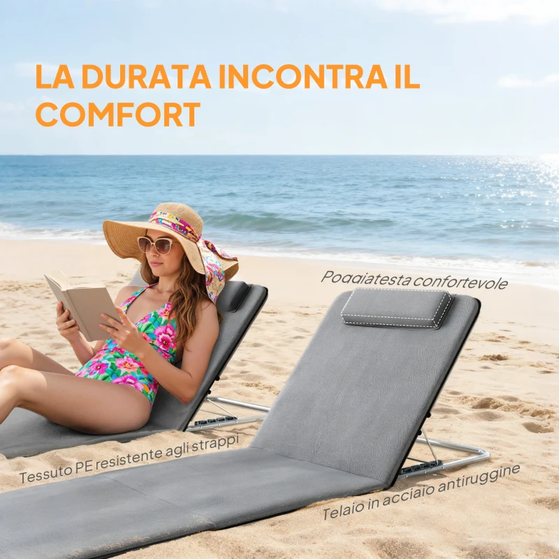 Outsunny Set 2 Sdraio da Spiaggia con Schienale Regolabile su 5 Livelli, Poggiatesta e Borsa da Viaggio, Lettini Spiaggia Pieghevoli Portatili in Acciaio e PE, 134x48x33-43 cm, Grigio