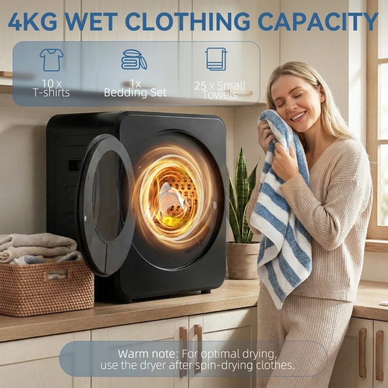 HOMCOM Vented Tumble Dryer, 4 kg Front Tumble Dryer with Stainless Steel Tub, 800W Compact Freestanding Black