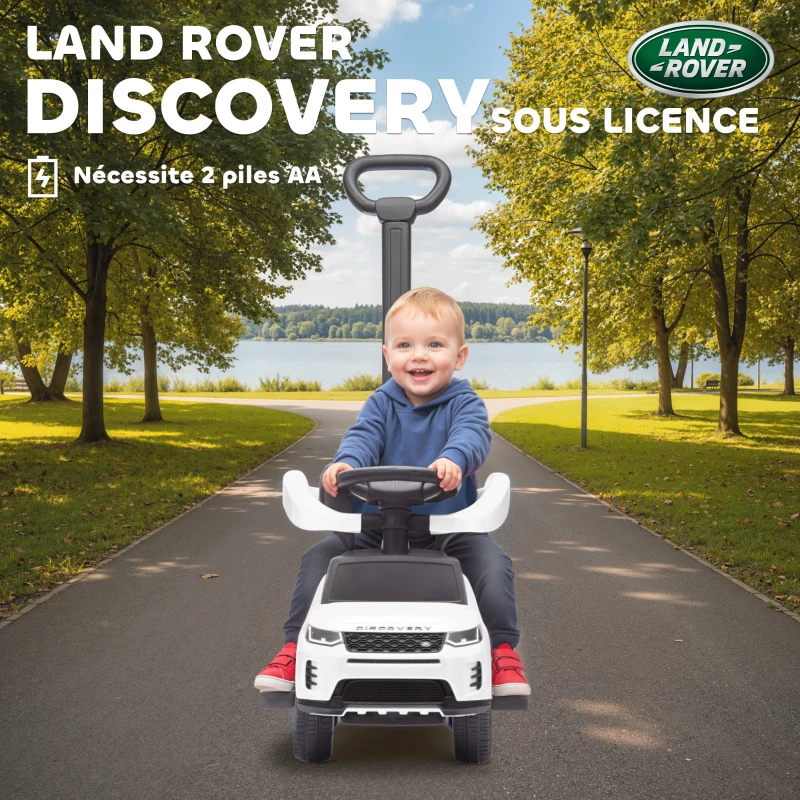 AIYAPLAY Porteur enfants Land Rover Discovery sous licence, porteur voiture à pousser avec poignée amovible, 84x40x94,5cm, blanc
