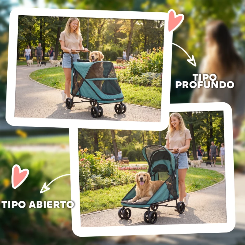 PawHut Carrito para Perros Plegable con un Botón hasta 30 kg con Suspensión en 4 Ruedas Giratorio y Freno de Pie Turquesa