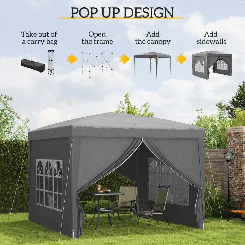 Outsunny 3 x 3 Meters Pop Up Water Resistant Gazebo Wedding Camping Party Tent Canopy Marquee with Carry Bag and 2 Windows, Grey