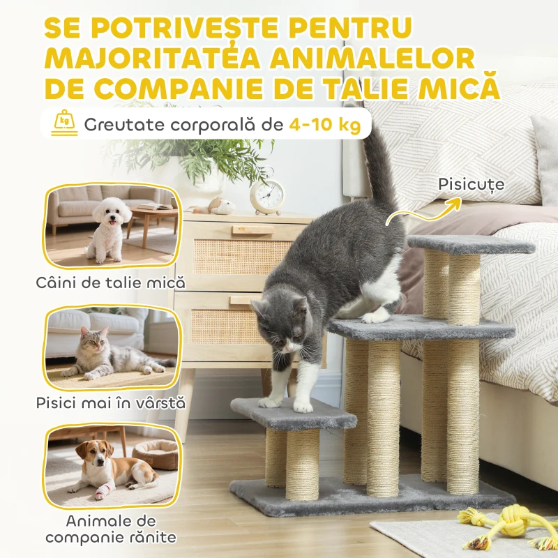 PawHut Scară pentru Câini și Pisici cu 3 Trepte din Pluș și Stâlpi Zgâriători din Sisal, Capacitate 10 kg, Gri