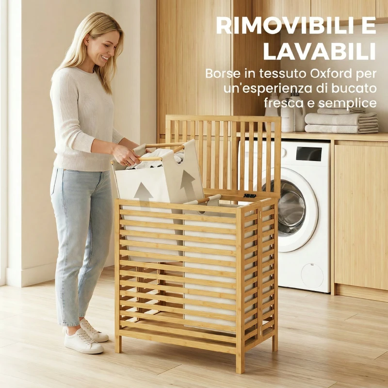 HOMCOM Cesto Portabiancheria in Bambù 64L con Coperchio, 2 Sacche in Tessuto Oxford Rimovibili e Lavabili, Color Legno