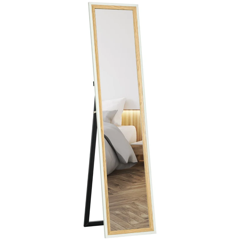 HOMCOM Miroir de sol pleine longueur miroir sur pied avec cadre en effet bois, montage sol, suspendu, appuyé, 157 x 37 cm blanc