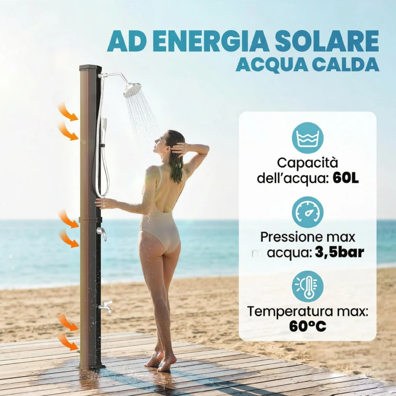 Outsunny Doccia Solare 60L, Doccia da Giardino Esterno con 2 Soffioni Riscaldata