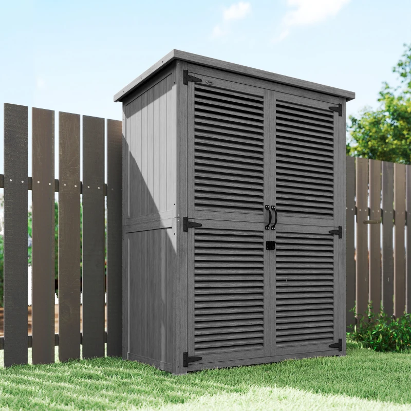 Outsunny Armário de Jardim 0,83 m² 127x65x168 cm com 2 Portas de Persiana 2 Estantes e Telhado Impermeável Cinza
