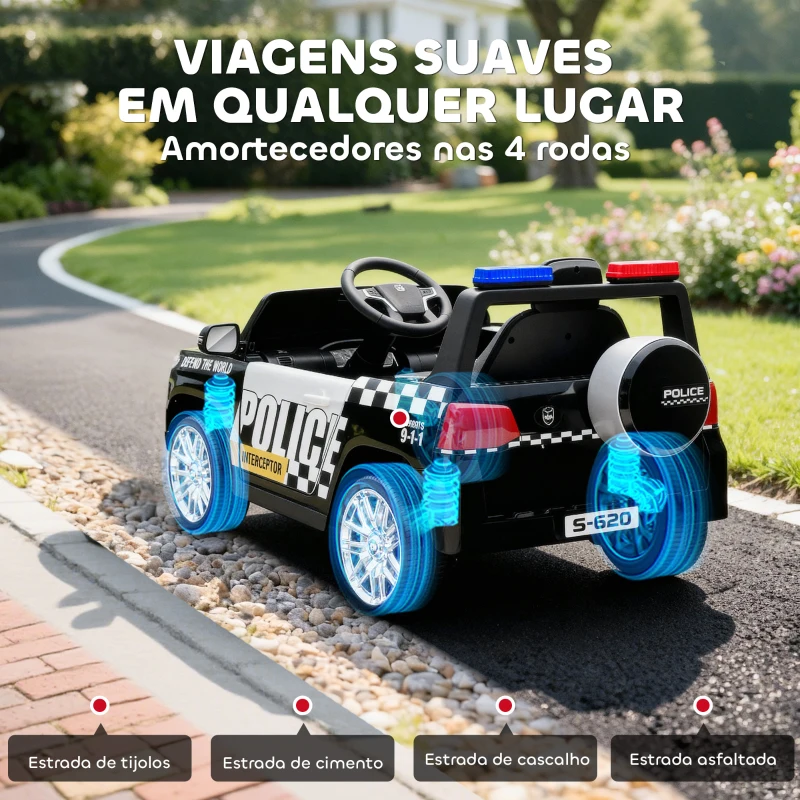 AIYAPLAY Carro Elétrico para Crianças de Polícia 12V com Motor Duplo Suspensão em 4 Rodas Sirene Faróis LED Porta USB Bluetooth e Música Preto