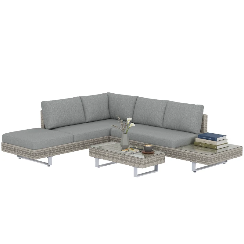 Outsunny Conjunto de Jardín Exterior de Ratán de 3 Piezas con Sofá Modular de 3 y 2 Plazas Mesa Lateral Mesa de Centro Cojines