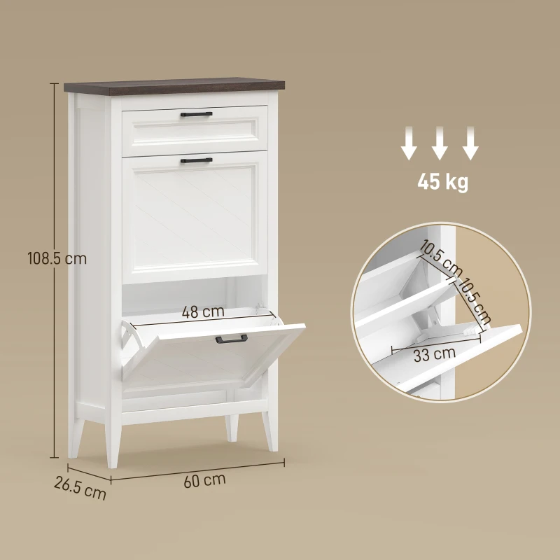HOMCOM Shoe Cabinet with 2 Flip Drawers, Farmhouse Narrow Shoe Storage Cabinet with Adjustable Shelves, White