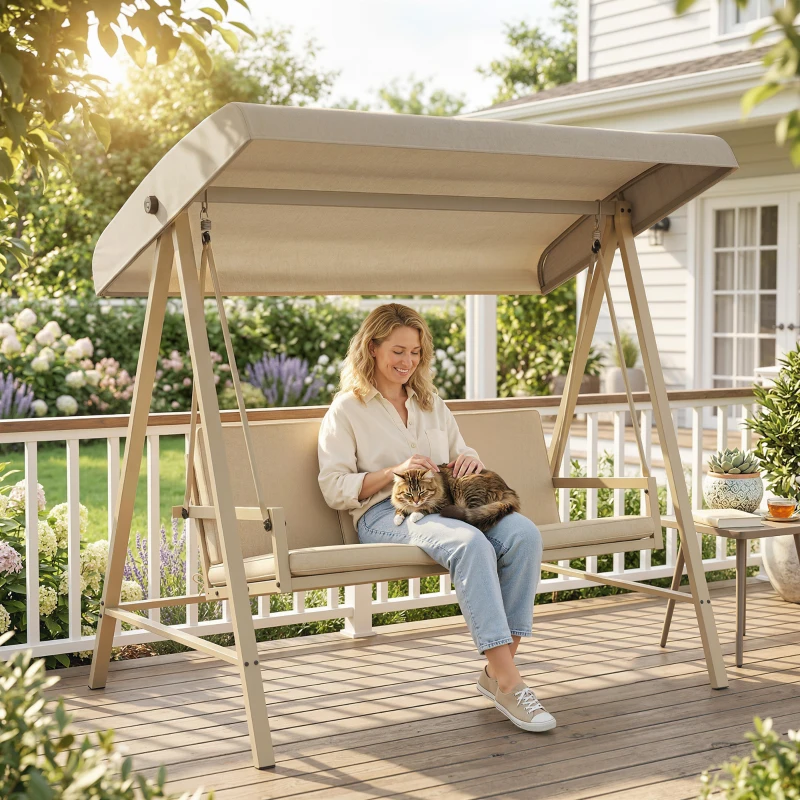 Outsunny Three-Seat Garden Swing Chair, with Adjustable Canopy - Beige