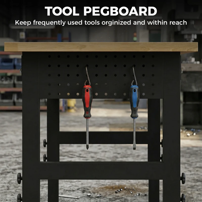 HOMCOM Masă de Lucru Reglabilă 122 cm, Blat Robust din Lemn de Cauciuc, 2 Prize AC și 2 Porturi USB, Panou Perforat, Capacitate 900 kg, pentru Garaj, Atelier și Casă